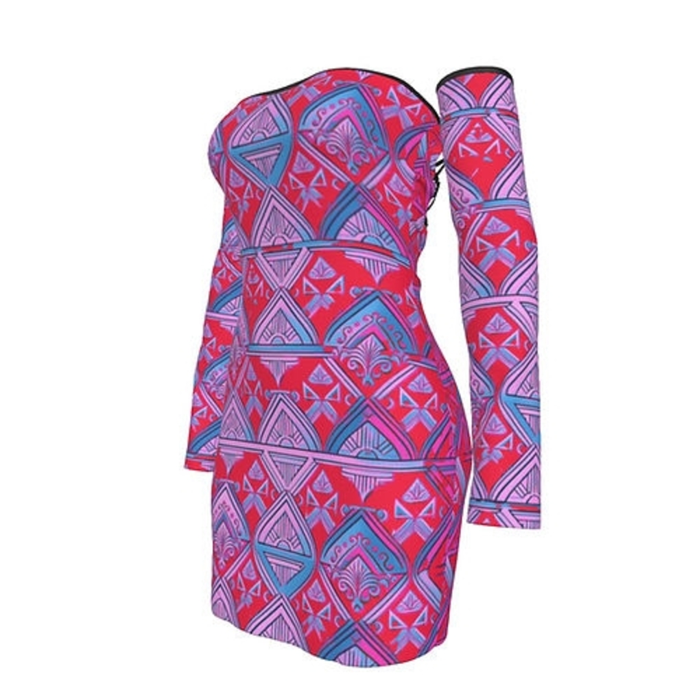 Geometric Patterned Midi Dress in Pink and Purple